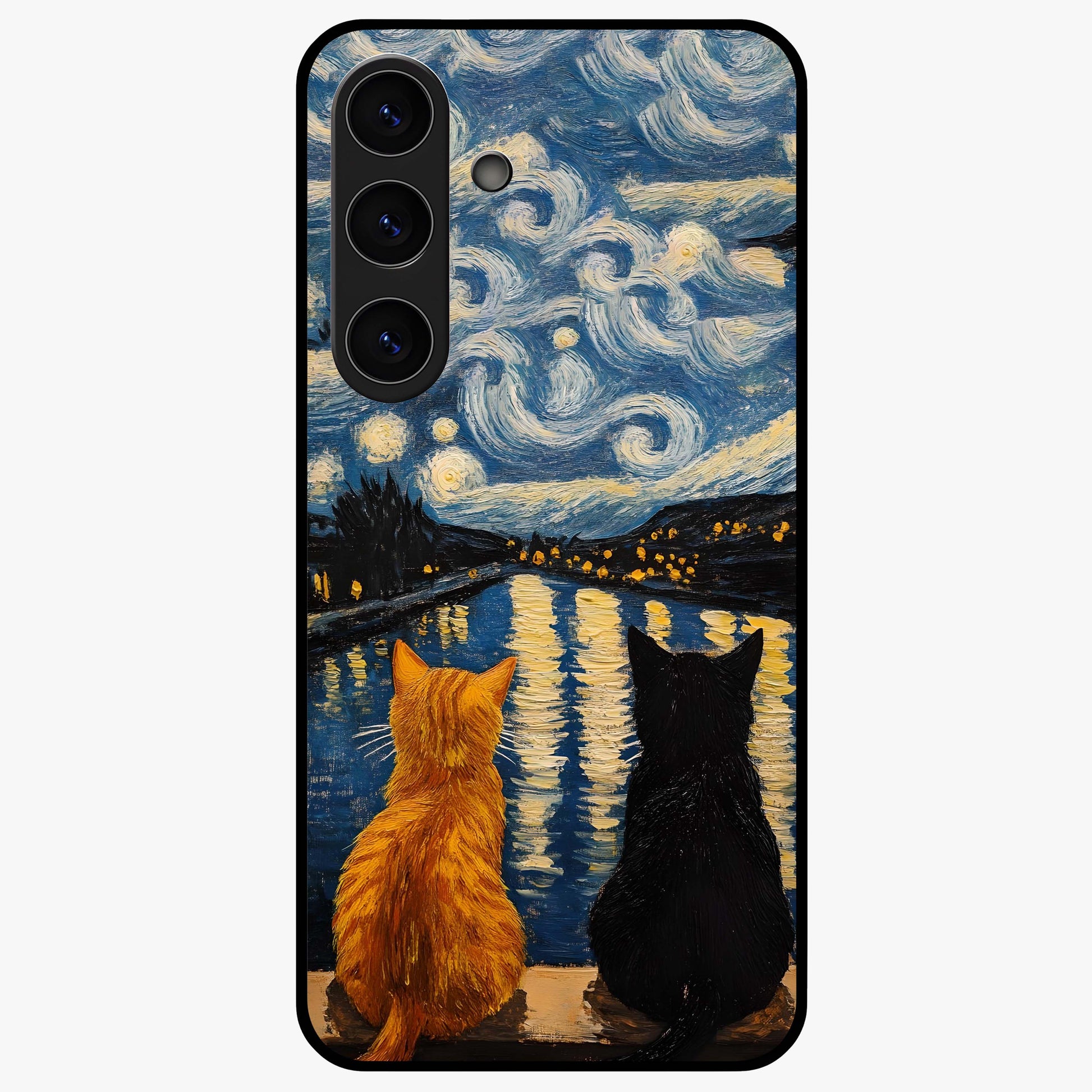 Starry River Cats Glass Case showing flat back view with cats by a starry river artwork and glossy glass finish.
