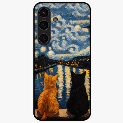Starry River Cats Glass Case showing flat back view with cats by a starry river artwork and glossy glass finish.
