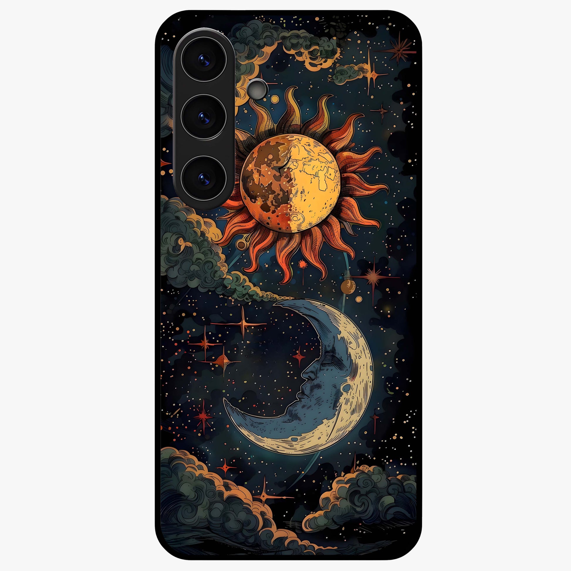 Sun And Moon Magic Design Glass Case showing flat back view with mystical sun and moon artwork and glossy glass finish.