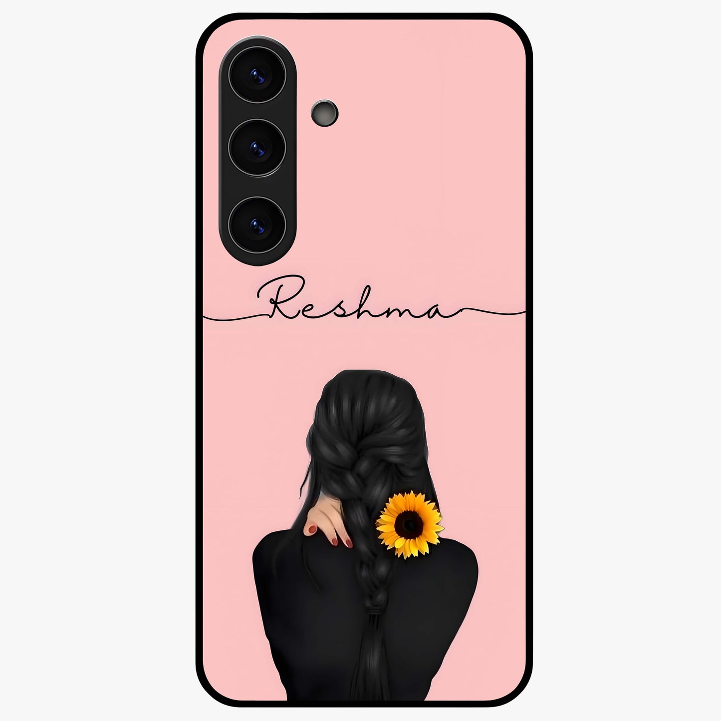 Sunflower Braid Beauty With Custom Name Glass Case showing flat back view with sunflower braid artwork and personalized name design.
