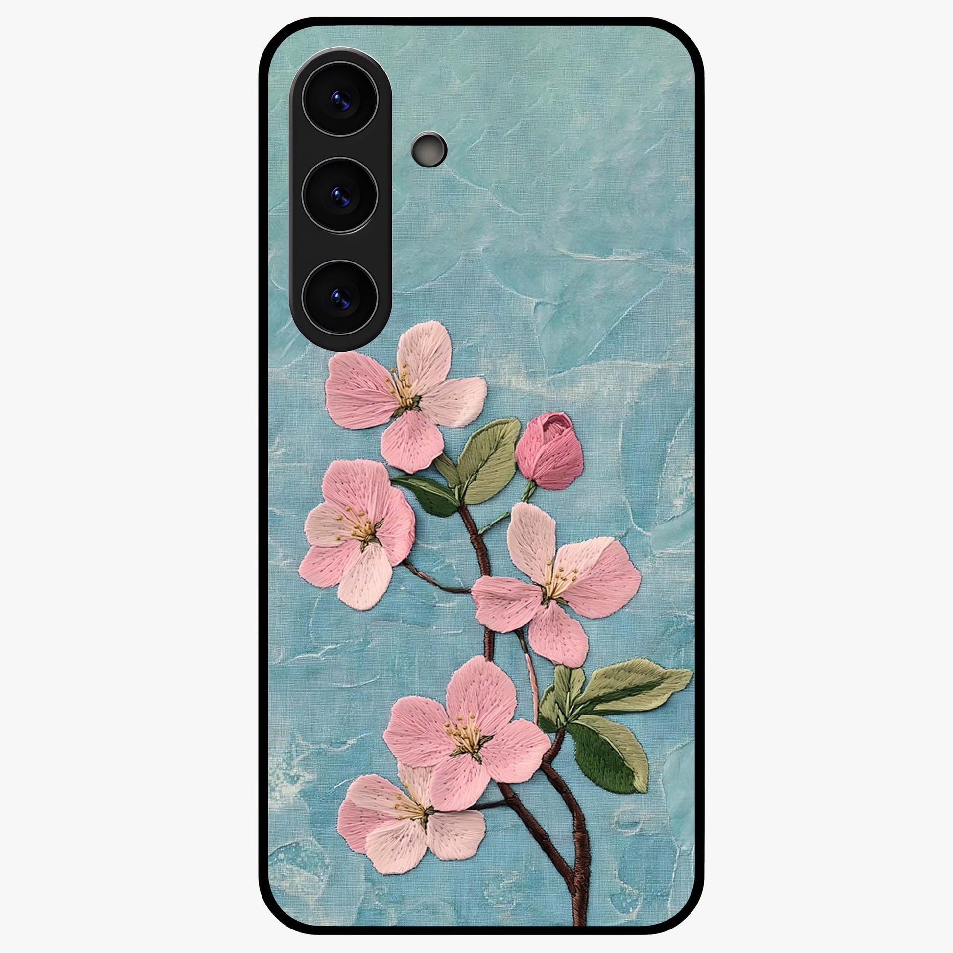 Threaded Blossom Breeze Glass Case showing flat back view with delicate blossom artwork and glossy glass finish.