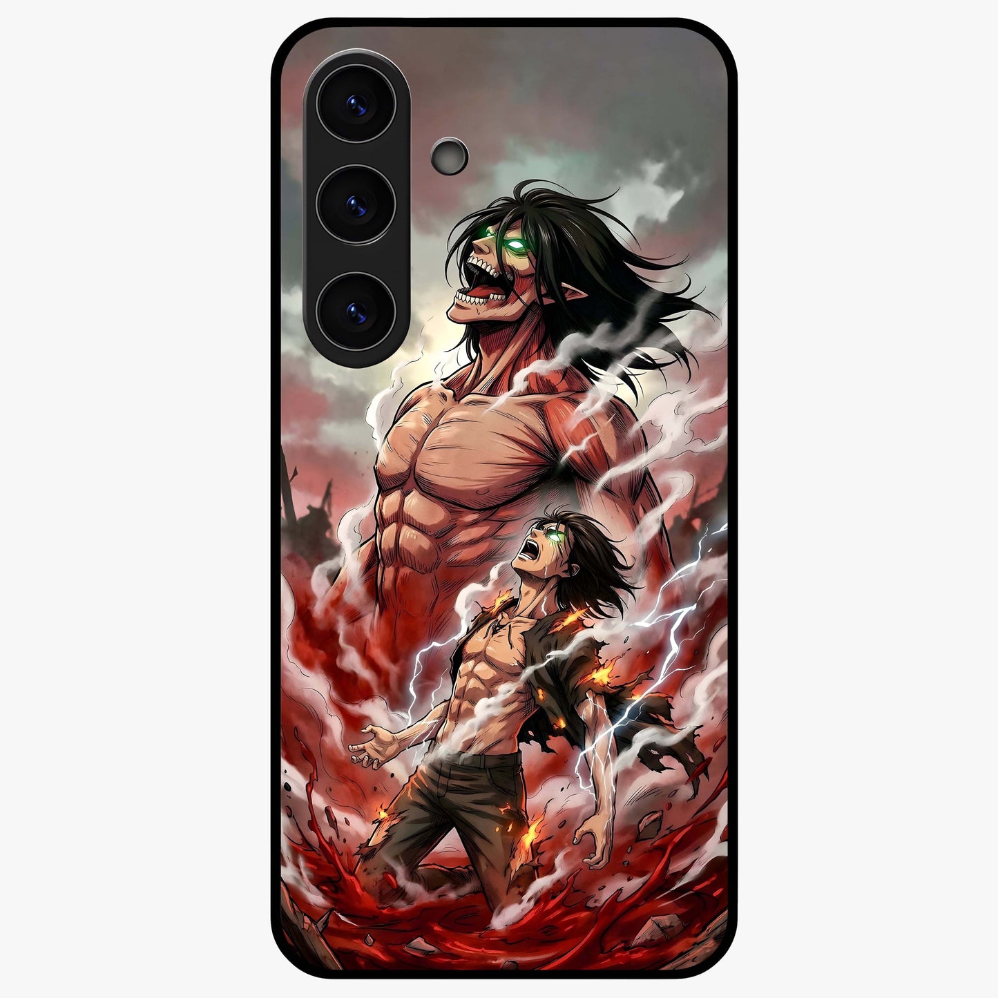 Titan Awakening Fury Glass Case showing flat back view with powerful titan inspired artwork and glossy glass finish.
