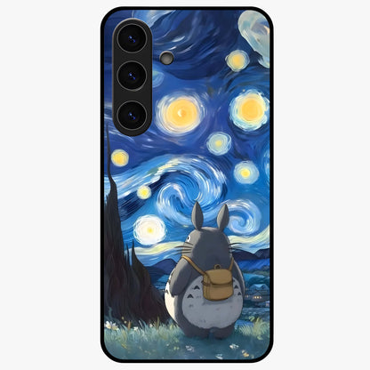 Totoro In Van Gogh Art Glass Case showing flat back view with whimsical character artwork inspired by Van Gogh style and glossy glass finish.