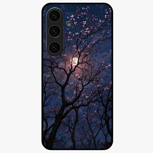 Twilight Sakura Serenade Glass Case showing flat back view with cherry blossom artwork at twilight and glossy glass finish.