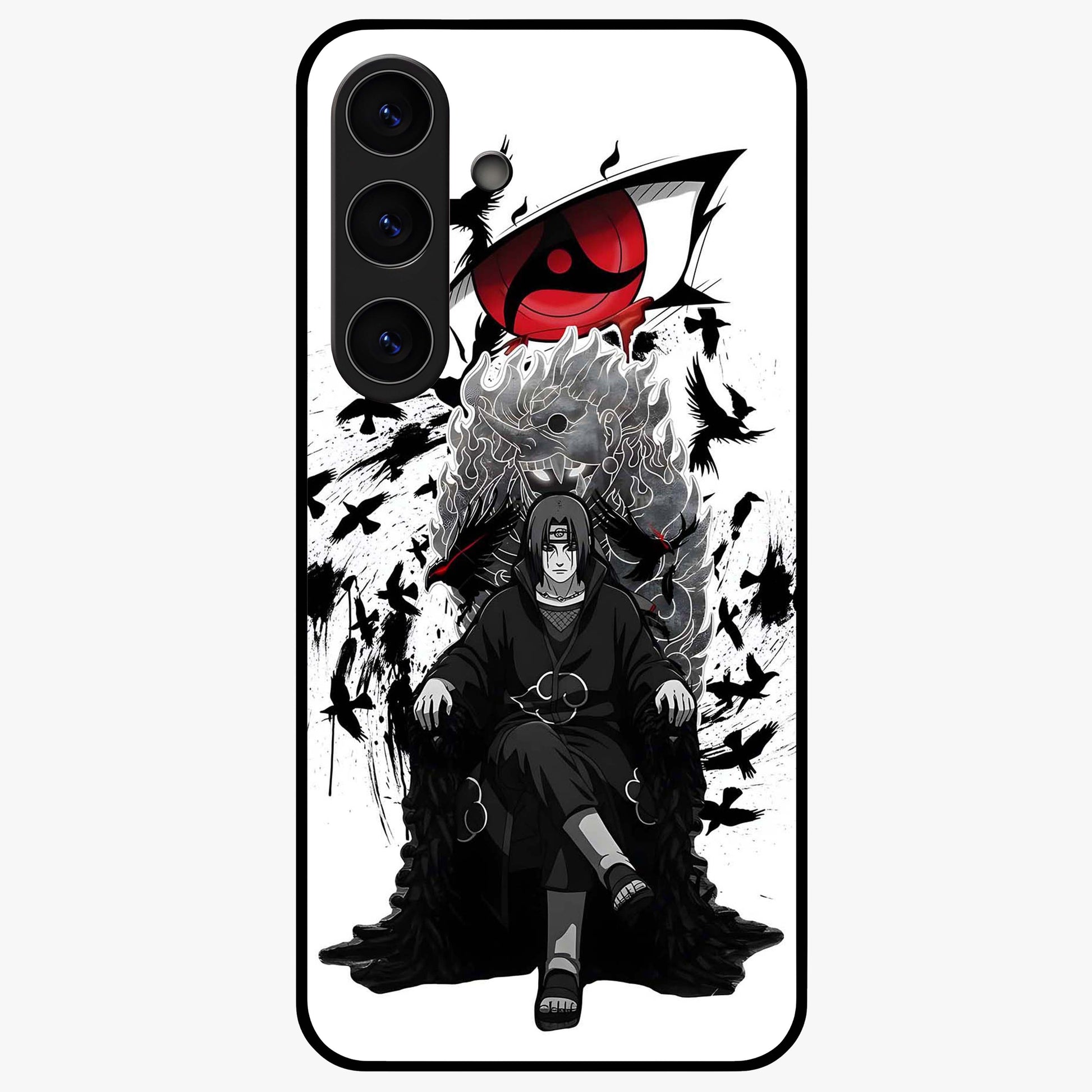 Uchiha Shadow Throne Glass Case showing flat back view with cosmic underwater themed artwork and glossy glass finish.