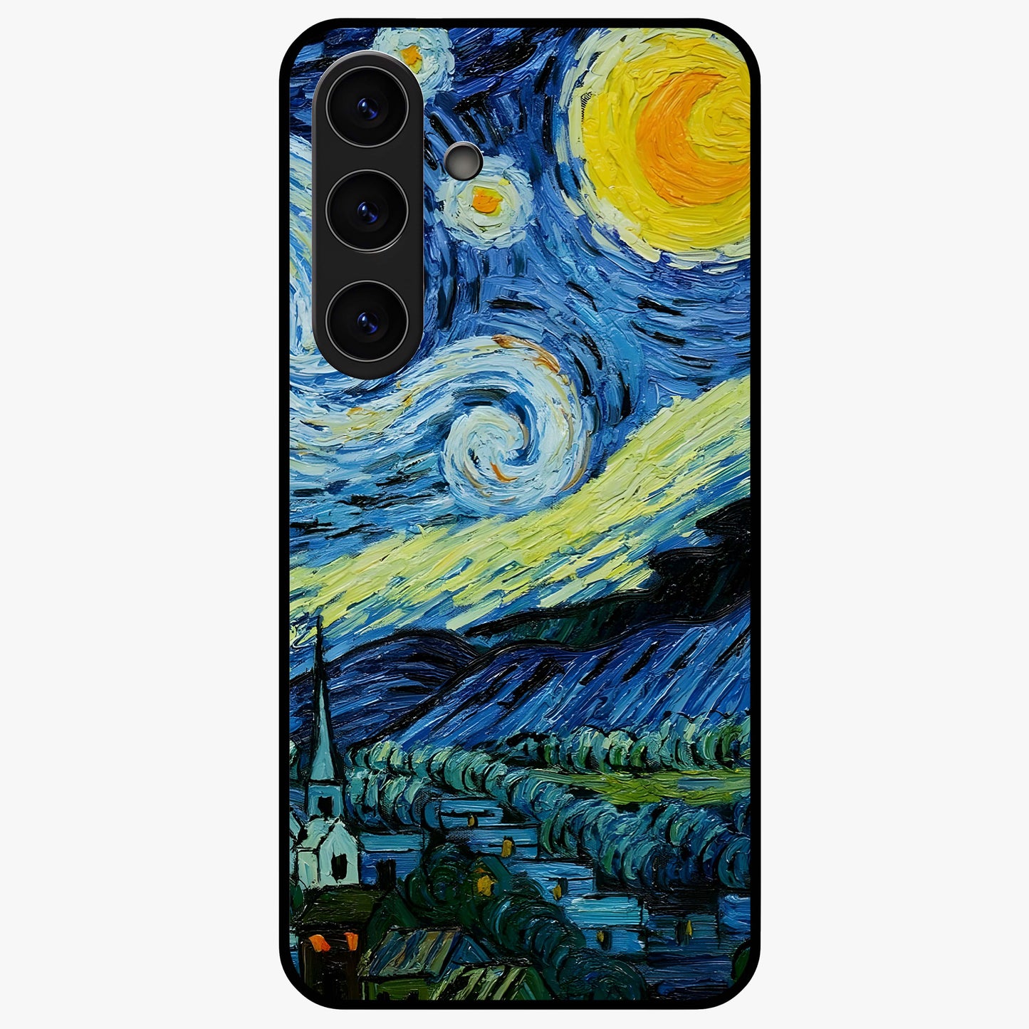 Van Gogh Art Glass Case showing flat back view with classic painterly artwork inspired by Van Gogh style and glossy glass finish.