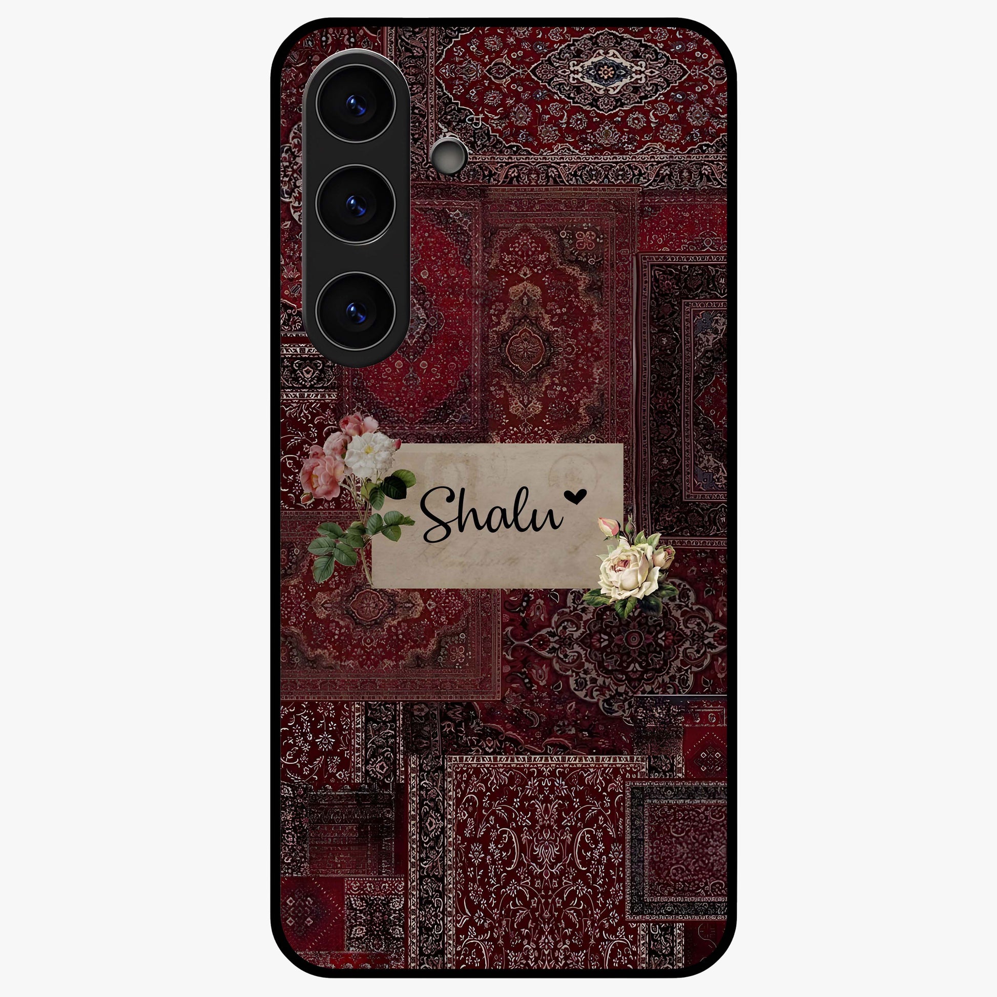 Velvet Wine Pattern Custom Name Glass Case showing flat back view with elegant wine colored pattern artwork and personalized name design.