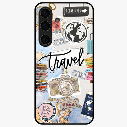 Wanderlust Journal Glass Case showing flat back view with travel inspired artwork and glossy glass finish.