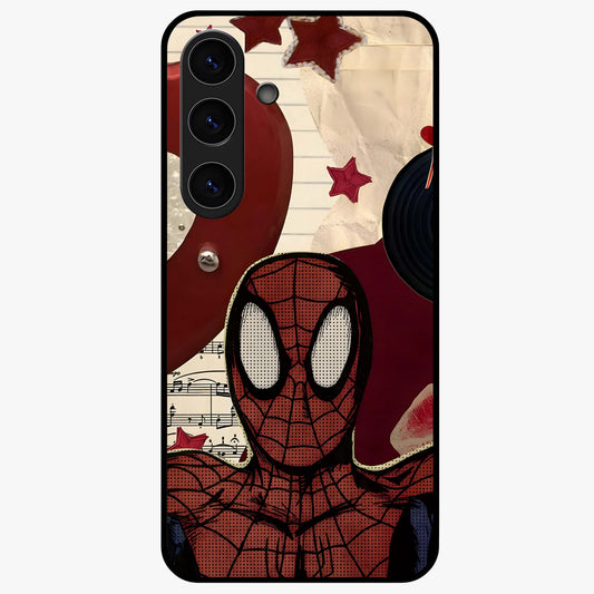 Web Warrior Vibes Glass Case showing flat back view with superhero inspired web themed artwork and glossy glass finish.