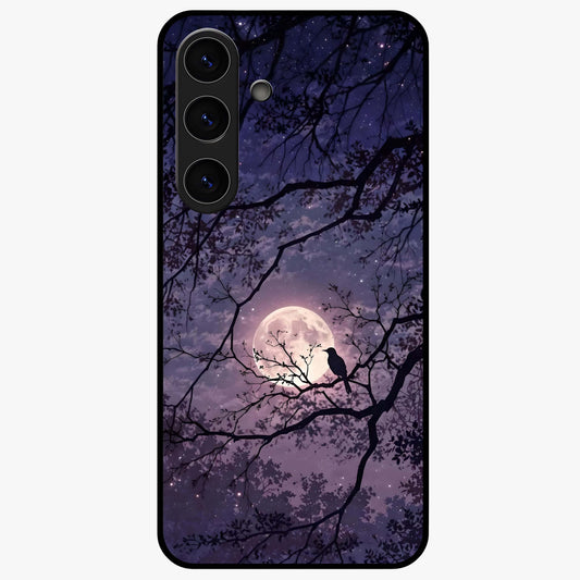 Whispering Moon Silence Glass Case showing flat back view with serene moon themed artwork and glossy glass finish.
