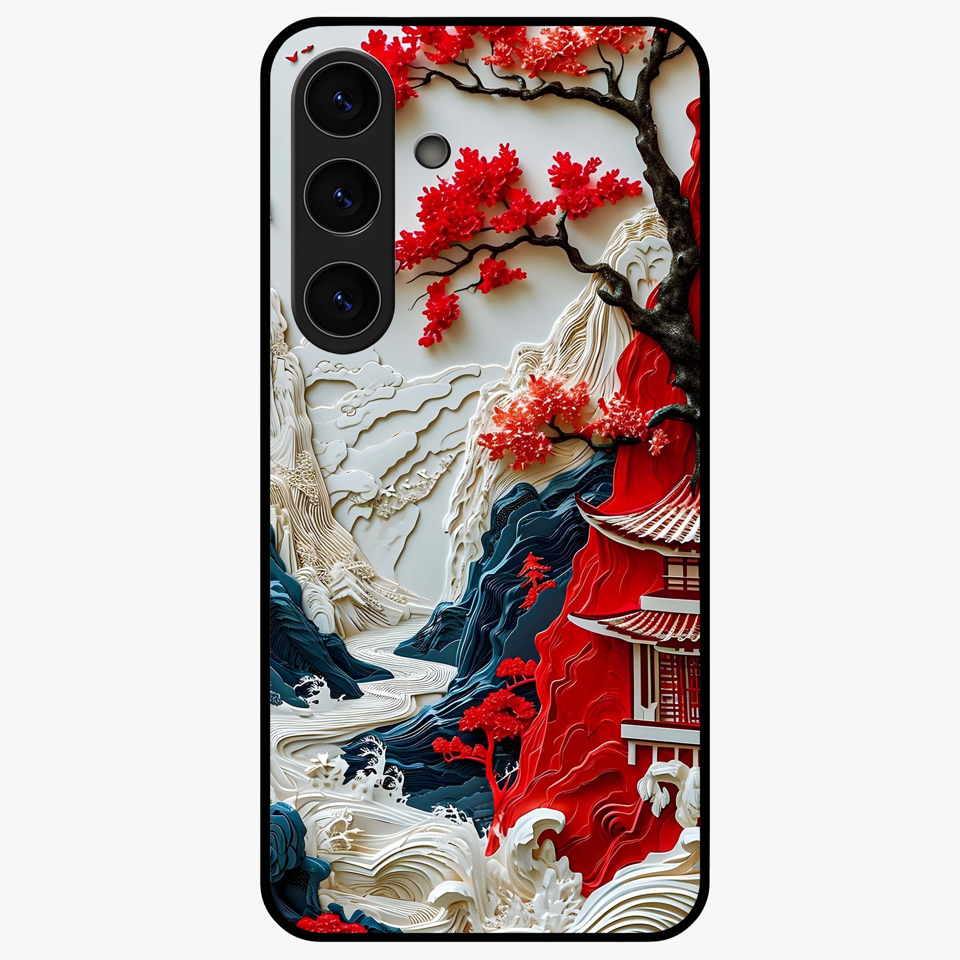 Whispers Of Sakura Waves Glass Case showing flat back view with cherry blossom wave artwork and glossy glass finish.