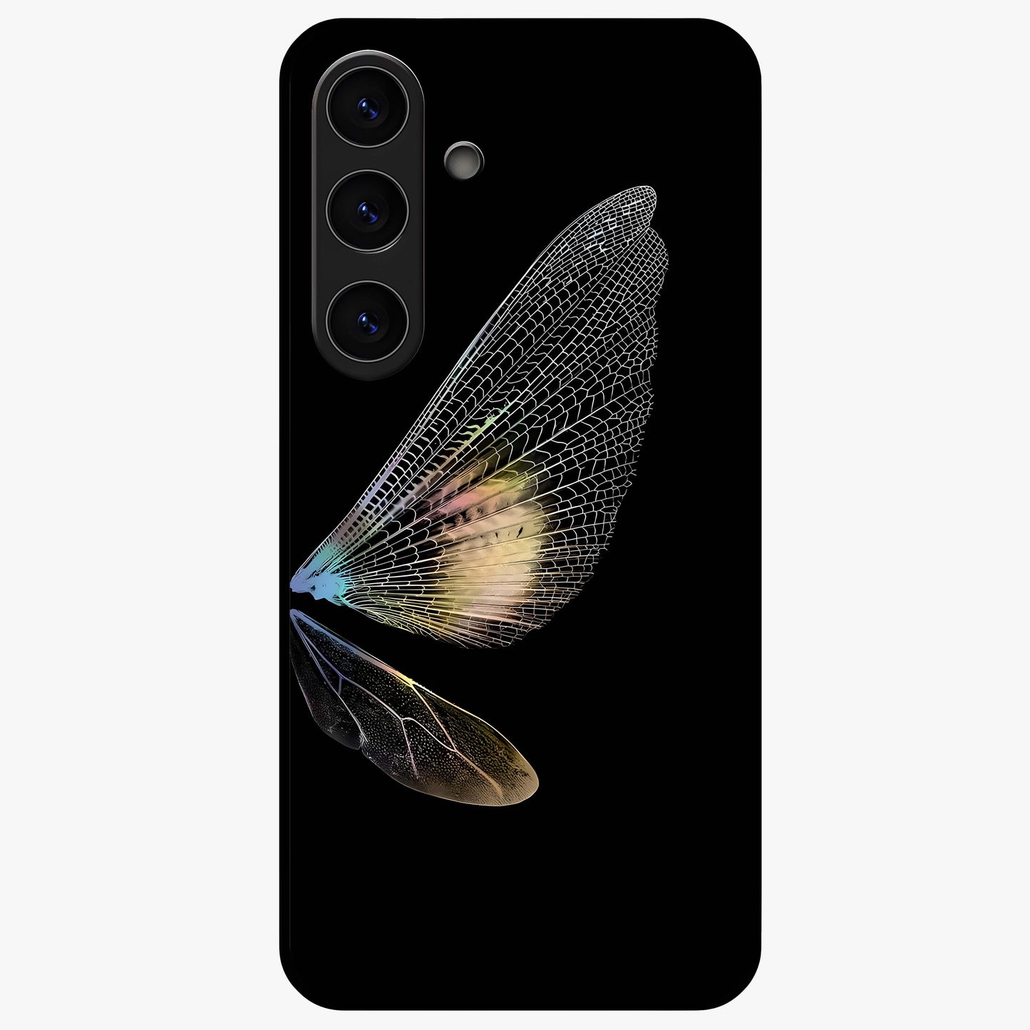 Whispers Of Wings Glass Case showing flat back view with graceful wing inspired artwork and glossy glass finish.