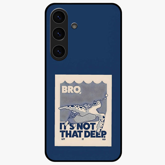 Worry Less Swim Glass Case showing flat back view with playful motivational artwork and glossy glass finish.