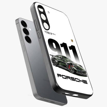 911 Turbo Dominance Glass Case displayed in premium angled mockup highlighting sporty car illustration and sleek glass surface.