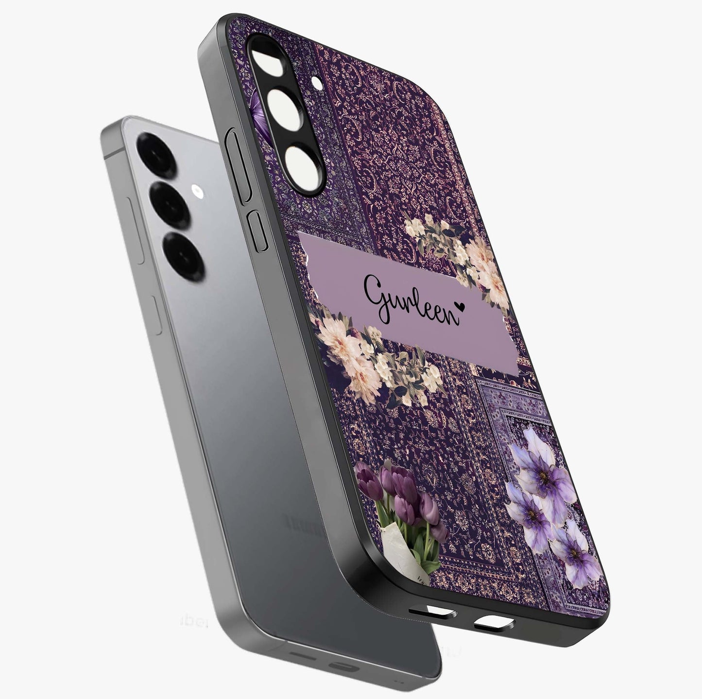Antique Floral Whisper Custom Name Glass Case displayed in angled mockup highlighting elegant antique floral aesthetic.