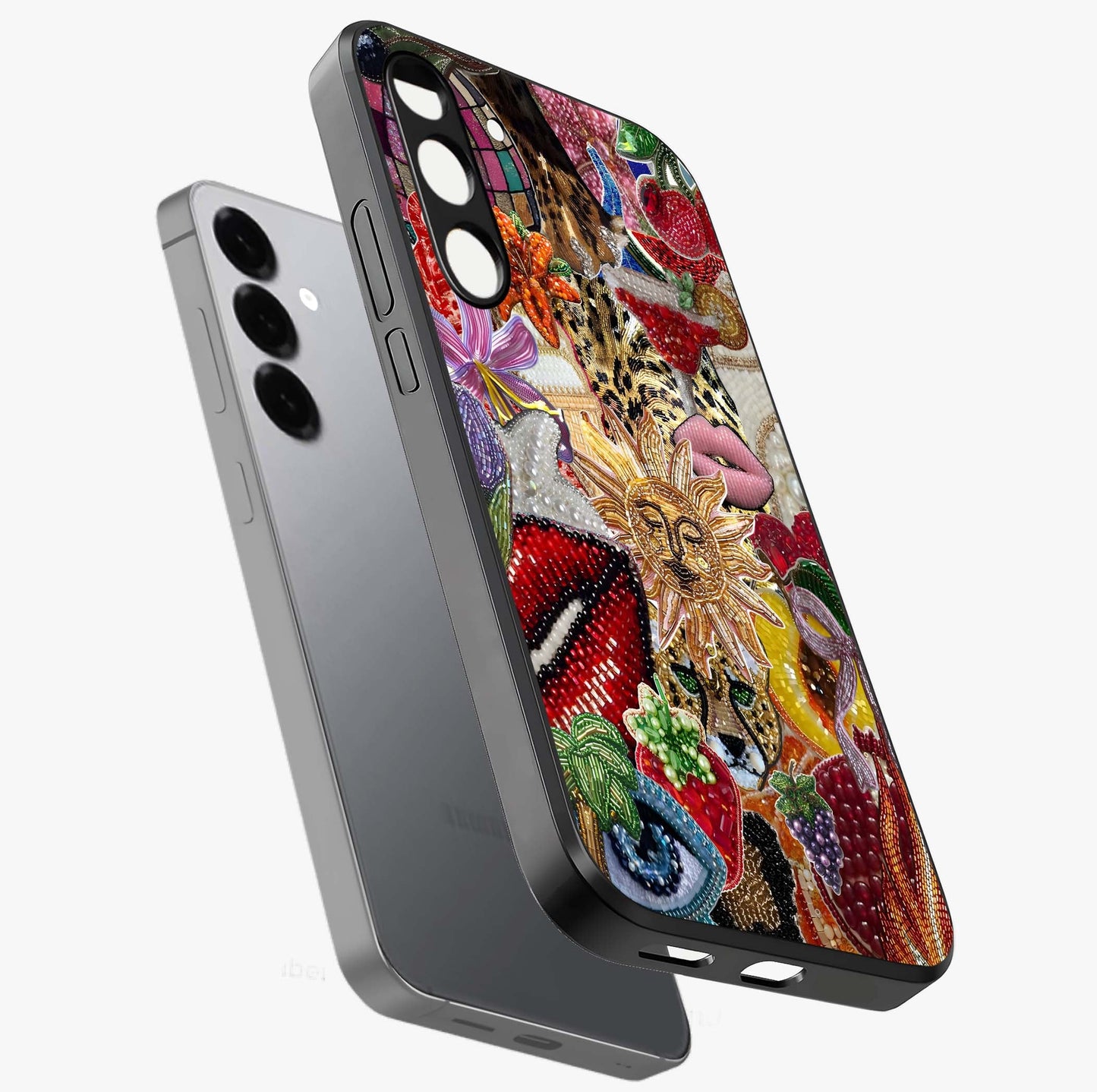 Beaded Fashion Jungle Glass Case displayed in angled mockup highlighting colorful fashion bead design and artistic pattern.