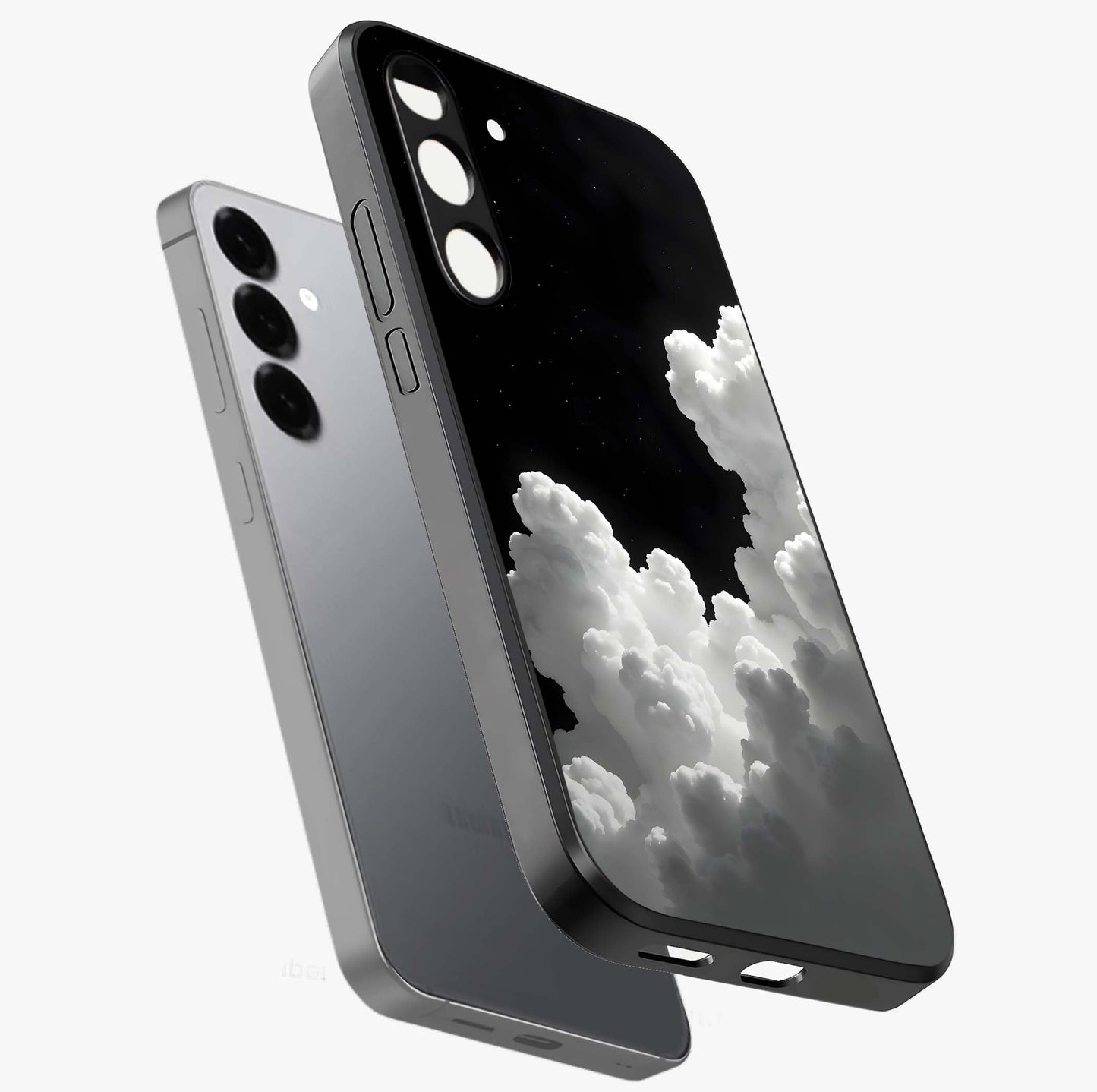 Black Background With White Cloud Glass Case displayed in angled mockup highlighting soft white cloud illustration and minimal design.