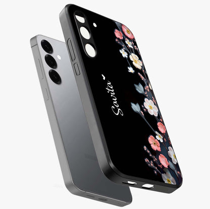 Black Elegance Floral Custom Name Glass Case displayed in angled mockup highlighting dark floral aesthetic and custom name feature.