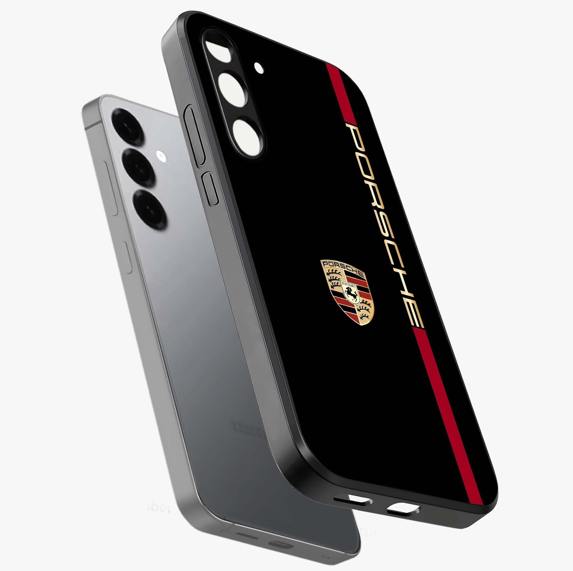 Black Minimal Porsche Glass Case displayed in angled mockup highlighting modern minimal car illustration and clean aesthetic design.