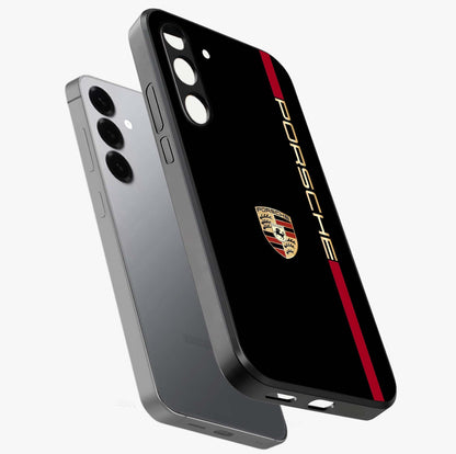 Black Minimal Porsche Glass Case displayed in angled mockup highlighting modern minimal car illustration and clean aesthetic design.