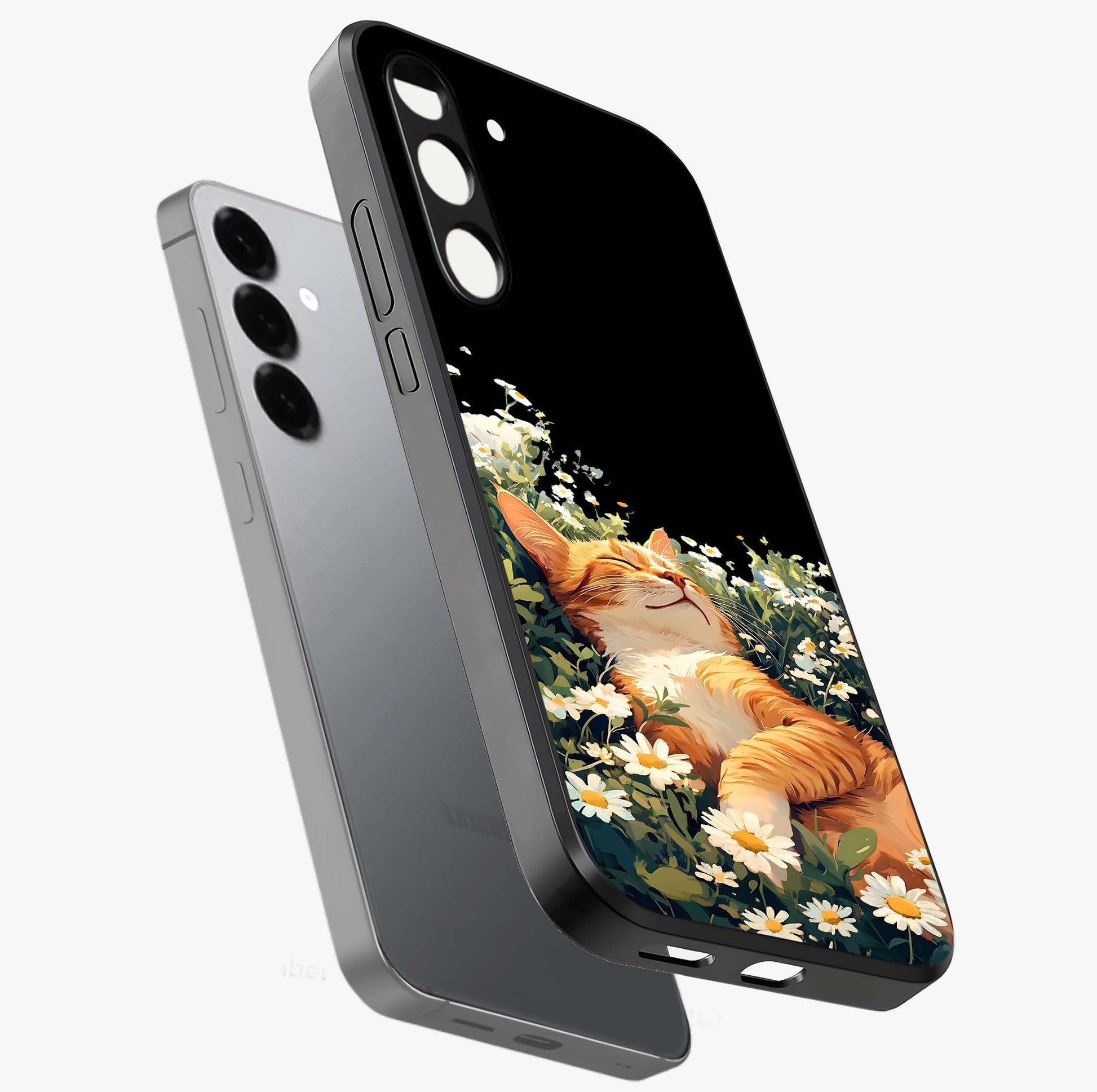 Blissful Bloom Cat Glass Case displayed in angled mockup highlighting playful feline illustration with soft floral aesthetic.