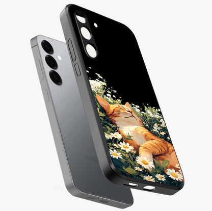 Blissful Bloom Cat Glass Case displayed in angled mockup highlighting playful feline illustration with soft floral aesthetic.