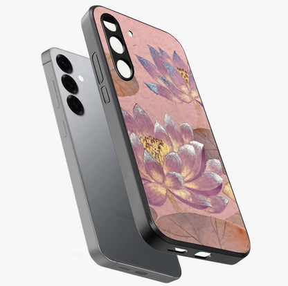 Blossom Mist Lotus Glass Case displayed in angled mockup highlighting delicate lotus illustration with calm aesthetic theme.