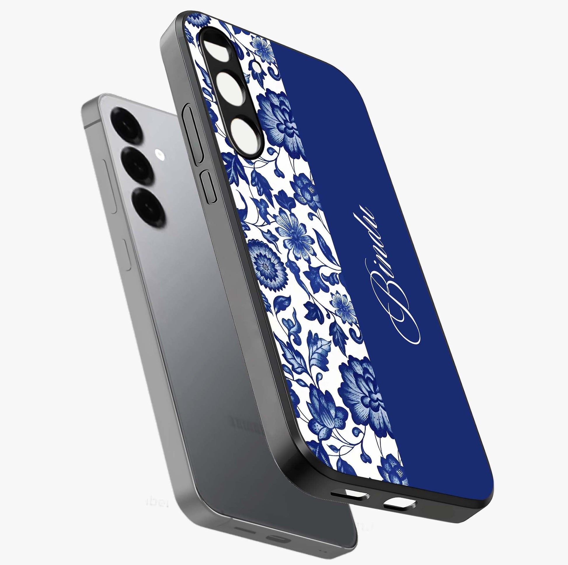 Blue Vintage Floral Pattern Glass Case displayed in angled mockup highlighting subtle bloom pattern with aesthetic pastel design.