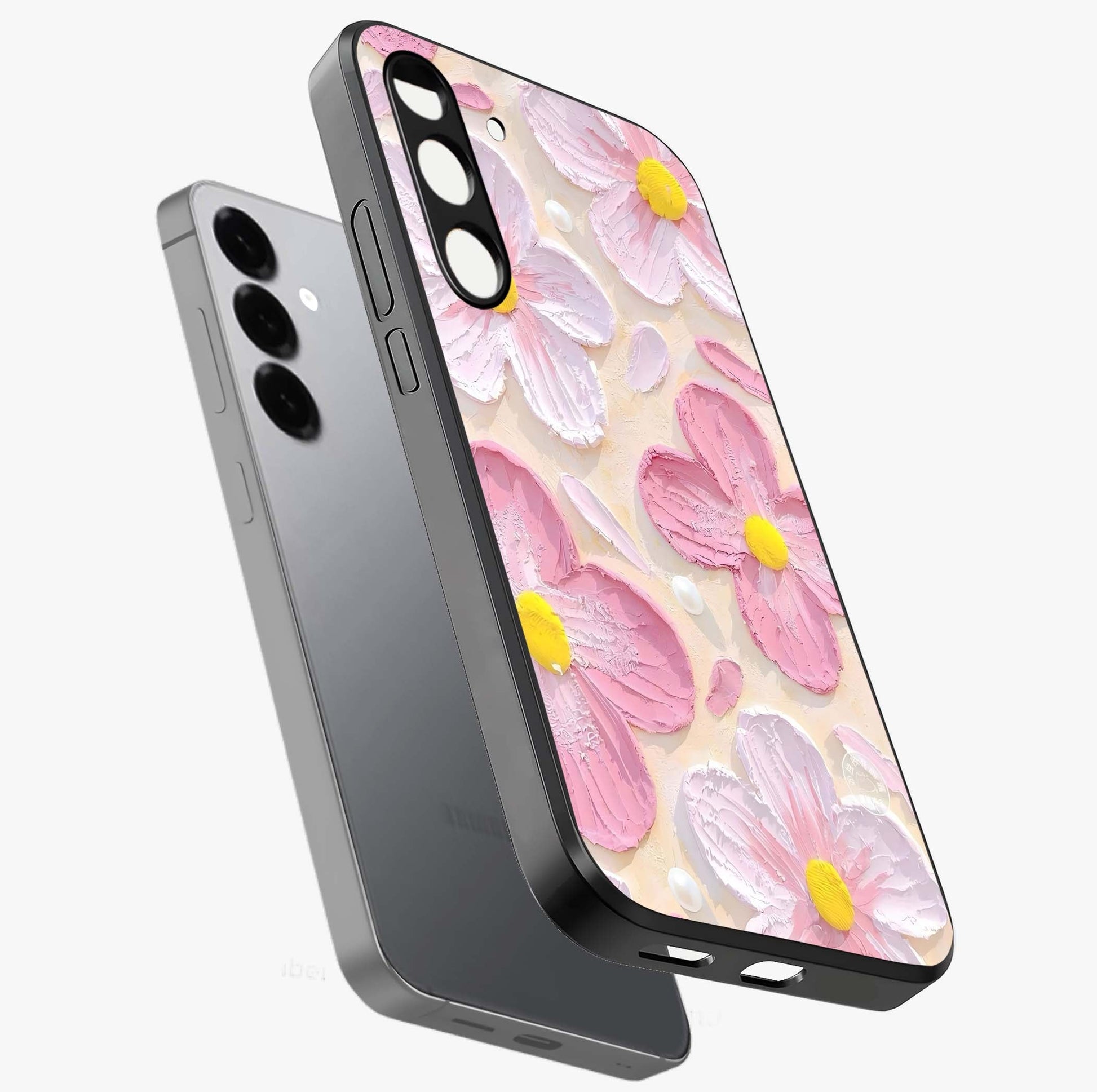 Blush Bloom Texture Glass Case displayed in angled mockup highlighting subtle bloom pattern with aesthetic pastel design.