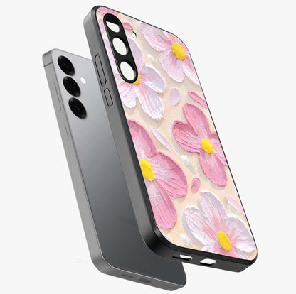 Blush Bloom Texture Glass Case displayed in angled mockup highlighting subtle bloom pattern with aesthetic pastel design.