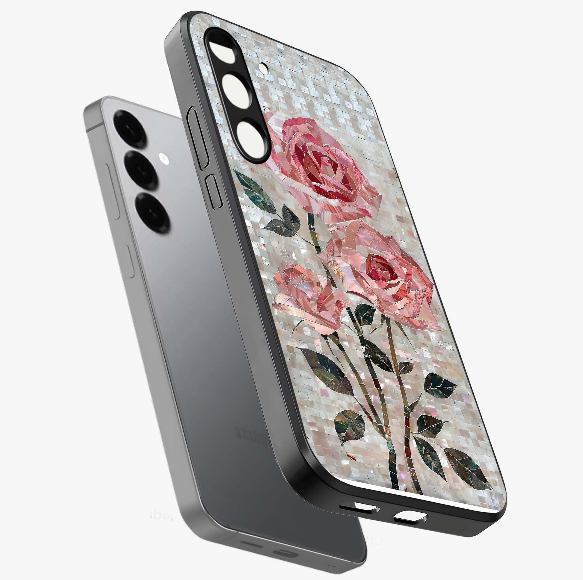 Blush Mosaic Bloom Glass Case displayed in angled mockup highlighting artistic mosaic flower pattern with aesthetic design.