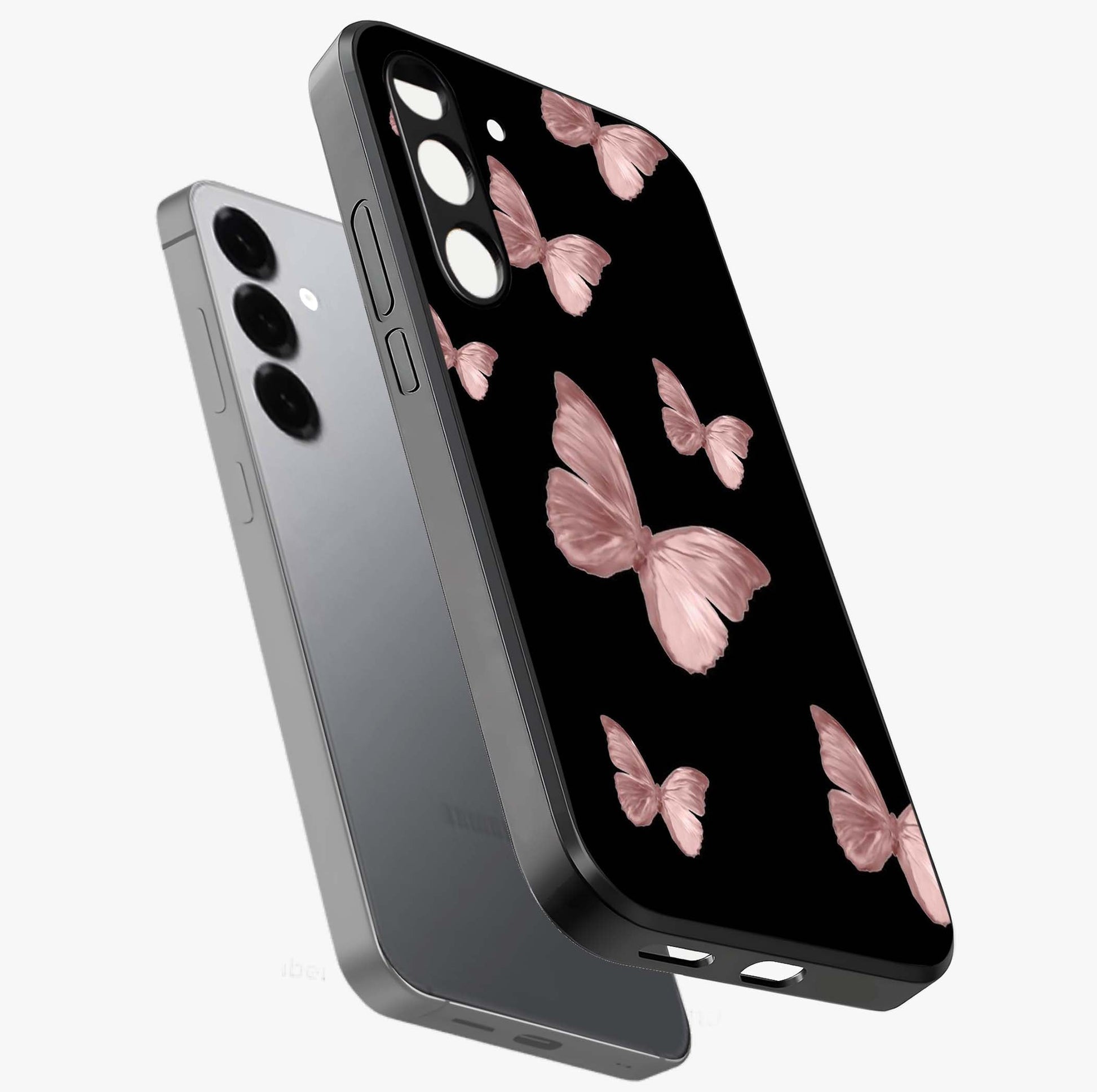 Butterfly Pattern Glass Case displayed in angled mockup highlighting delicate butterfly design and aesthetic pattern style.