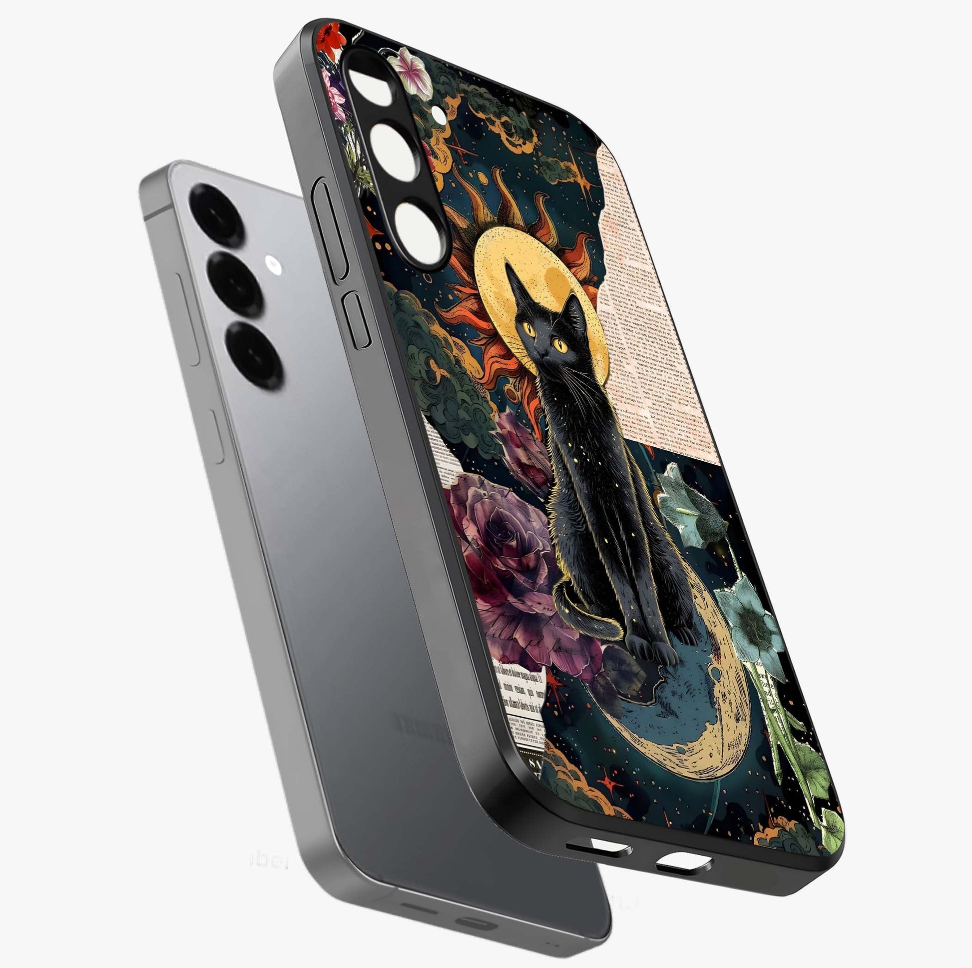 Celestial Black Cat Glass Case displayed in angled mockup highlighting cosmic black cat design with celestial aesthetic.