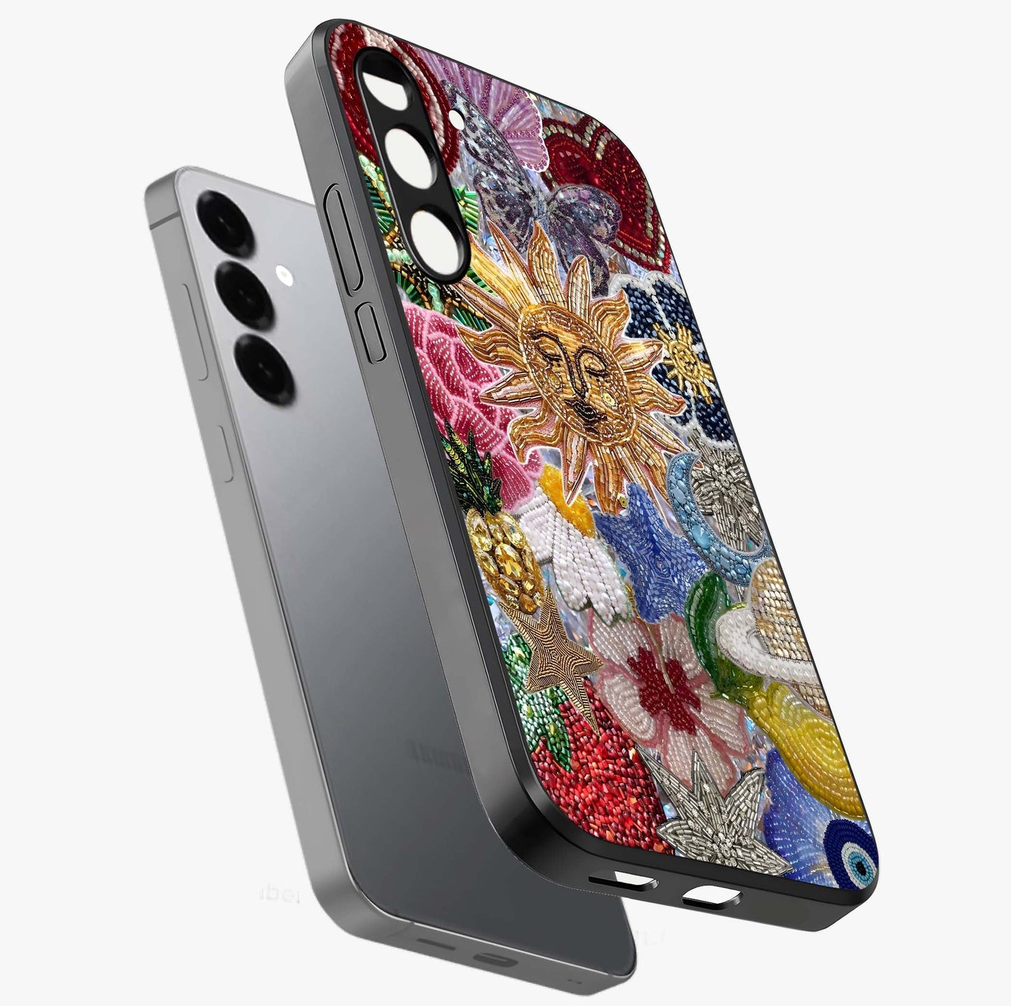 Celestial Floral and Playful Glass Case displayed in angled mockup highlighting playful floral design with dreamy celestial elements.
