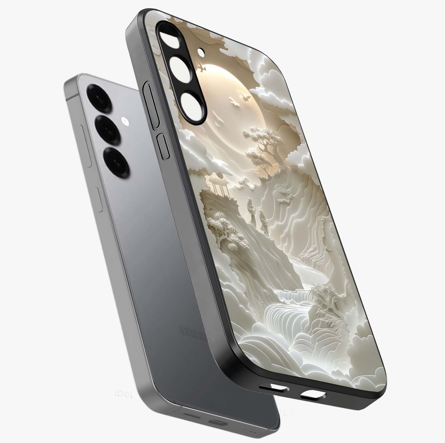 Celestial Origami Glass Case displayed in angled mockup highlighting geometric origami design with cosmic aesthetic theme.