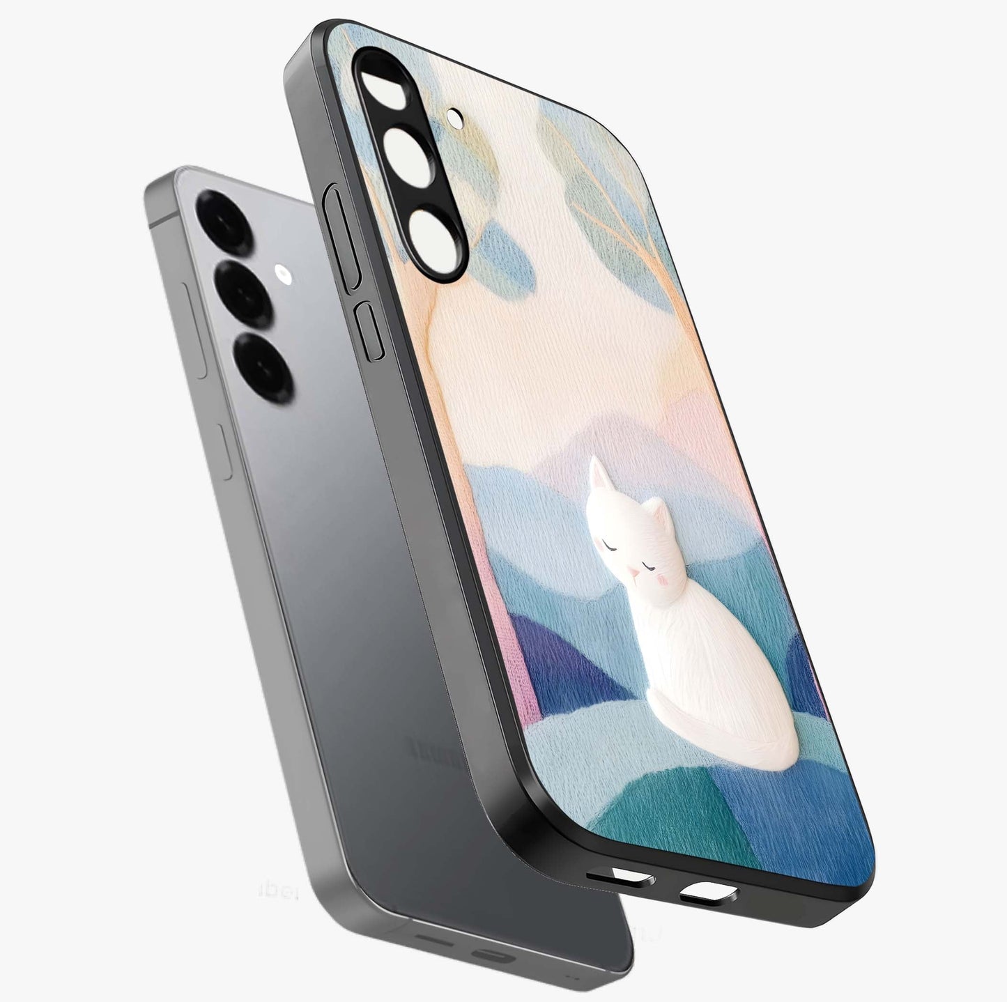 Cotton Dream Cat Glass Case displayed in angled mockup highlighting cute feline illustration with pastel aesthetic style.