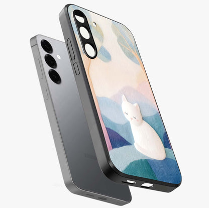 Cotton Dream Cat Glass Case displayed in angled mockup highlighting cute feline illustration with pastel aesthetic style.