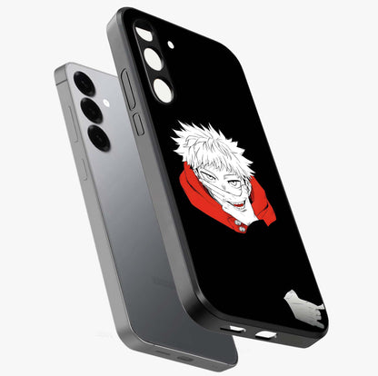 Crimson Chaos Smile Glass Case displayed in angled mockup highlighting edgy crimson smile design with graphic aesthetic.