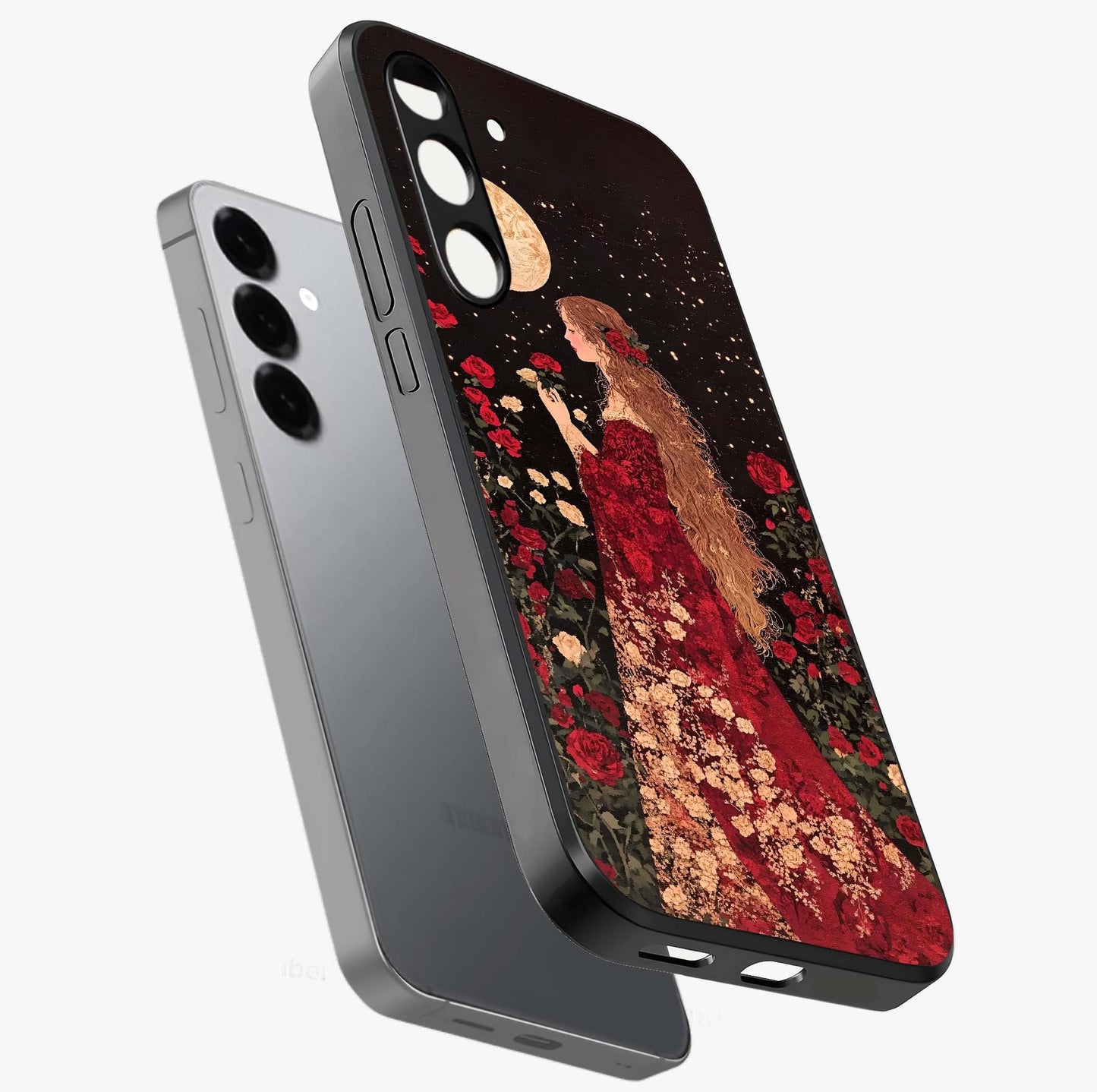 Crimson Dreams Glass Case displayed in angled mockup highlighting soft crimson aesthetic design with artistic theme.