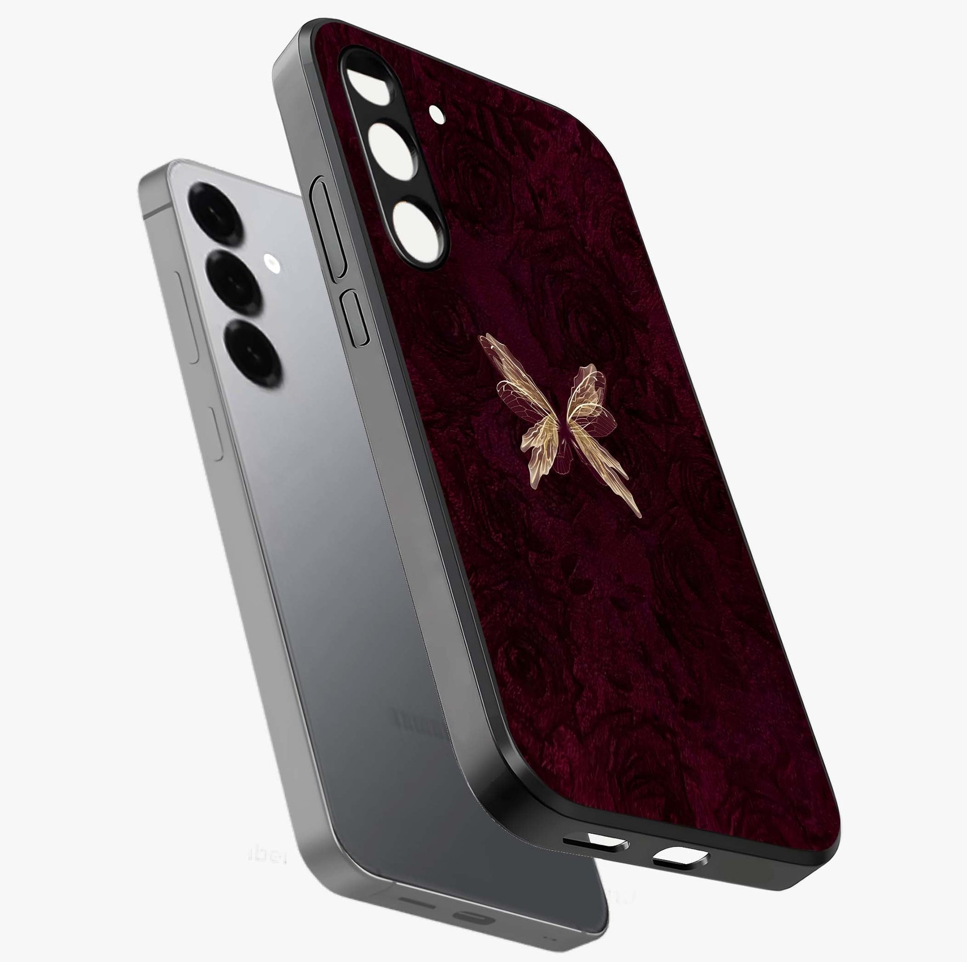 Crimson Fade Butterfly Glass Case displayed in angled mockup highlighting elegant butterfly design with crimson gradient aesthetic.