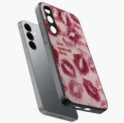 Crimson Kiss Love Glass Case displayed in angled mockup highlighting bold love inspired design with modern aesthetic style.