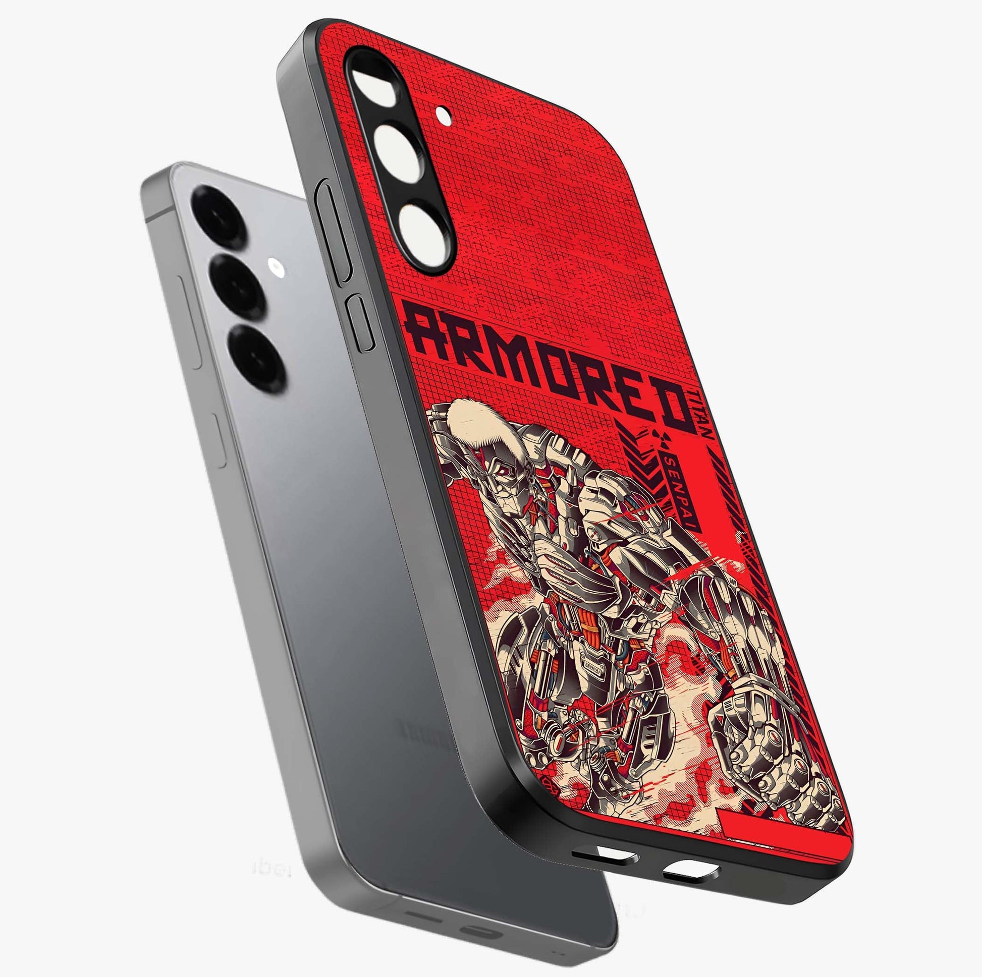 Crimson Mecha Titan Glass Case displayed in angled mockup highlighting futuristic mech illustration with bold crimson aesthetic.