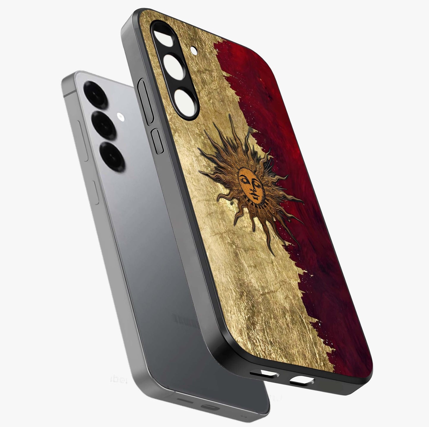 Crimson Sun Majesty Glass Case displayed in angled mockup highlighting majestic crimson sun design with bold aesthetic style.