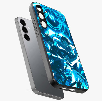 Cursed Energy Clash Glass Case displayed in angled mockup highlighting powerful battle inspired graphic with anime style aesthetic.