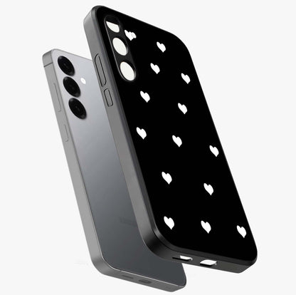 Cute And Simple White Hearts Glass Case displayed in angled mockup highlighting cute heart design with clean aesthetic style.