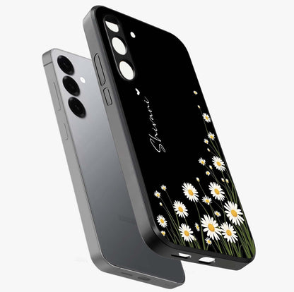 Daisy Cascade Custom Name Glass Case displayed in angled mockup highlighting delicate daisy artwork with custom name feature.
