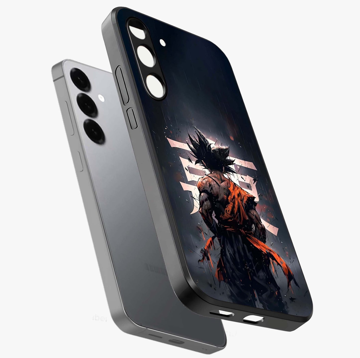 Dark Warrior In Rain Glass Case displayed in angled mockup highlighting dramatic warrior illustration with dark rain aesthetic.