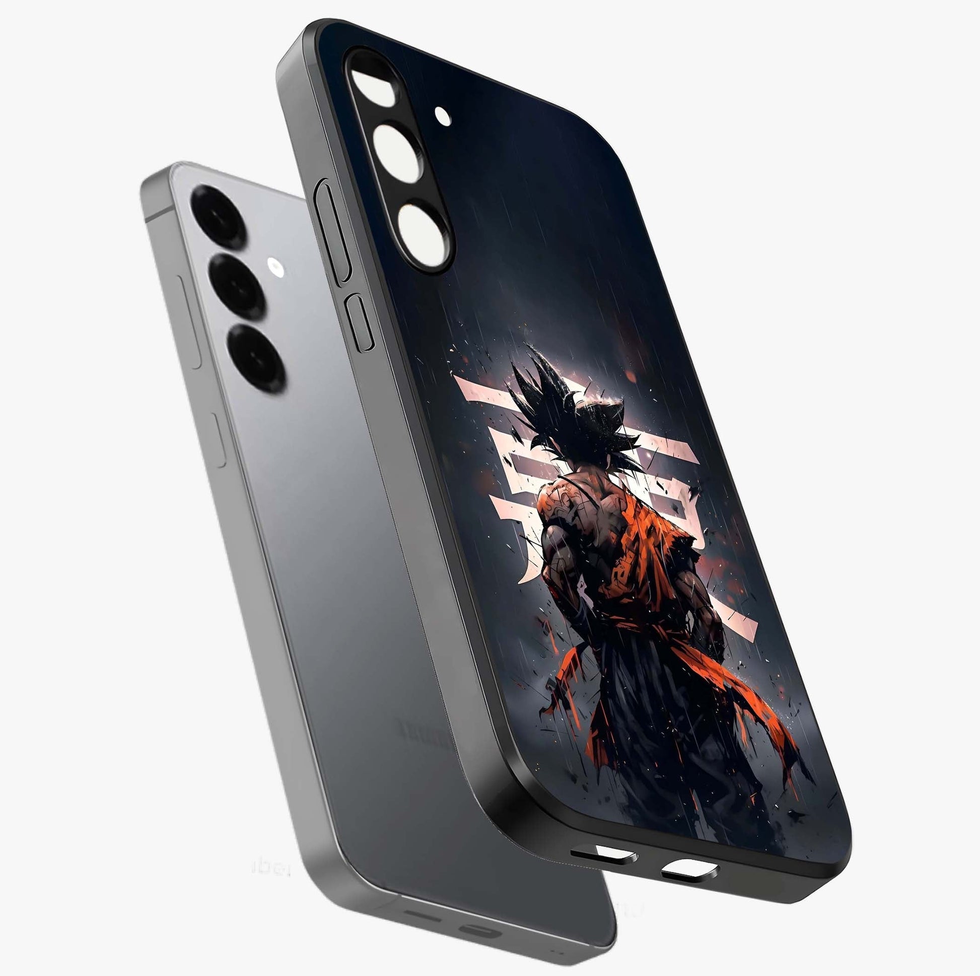 Dark Warrior In Rain Glass Case displayed in angled mockup highlighting dramatic warrior illustration with dark rain aesthetic.