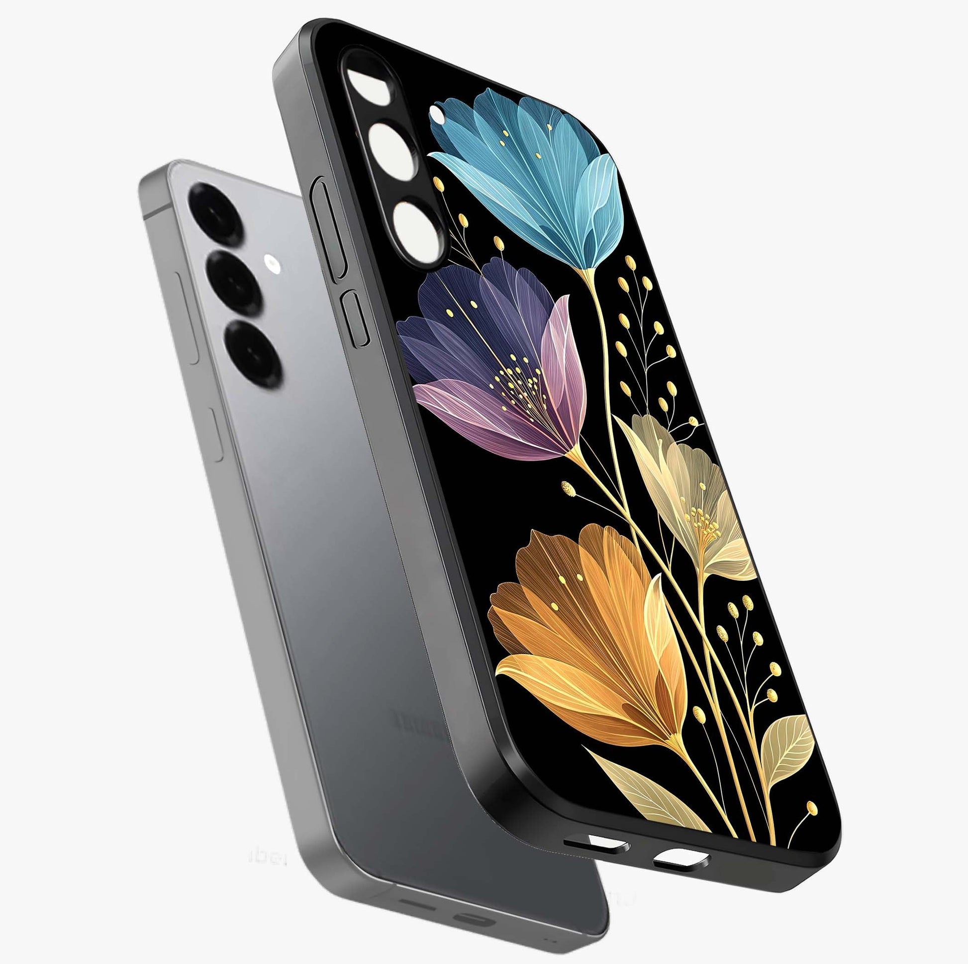 Delicate Multicolor Flowers Glass Case displayed in angled mockup highlighting colorful flower pattern with soft aesthetic style.