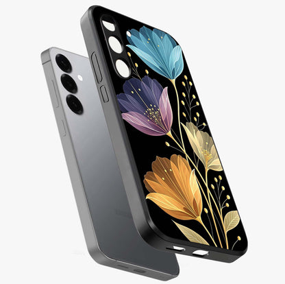 Delicate Multicolor Flowers Glass Case displayed in angled mockup highlighting colorful flower pattern with soft aesthetic style.